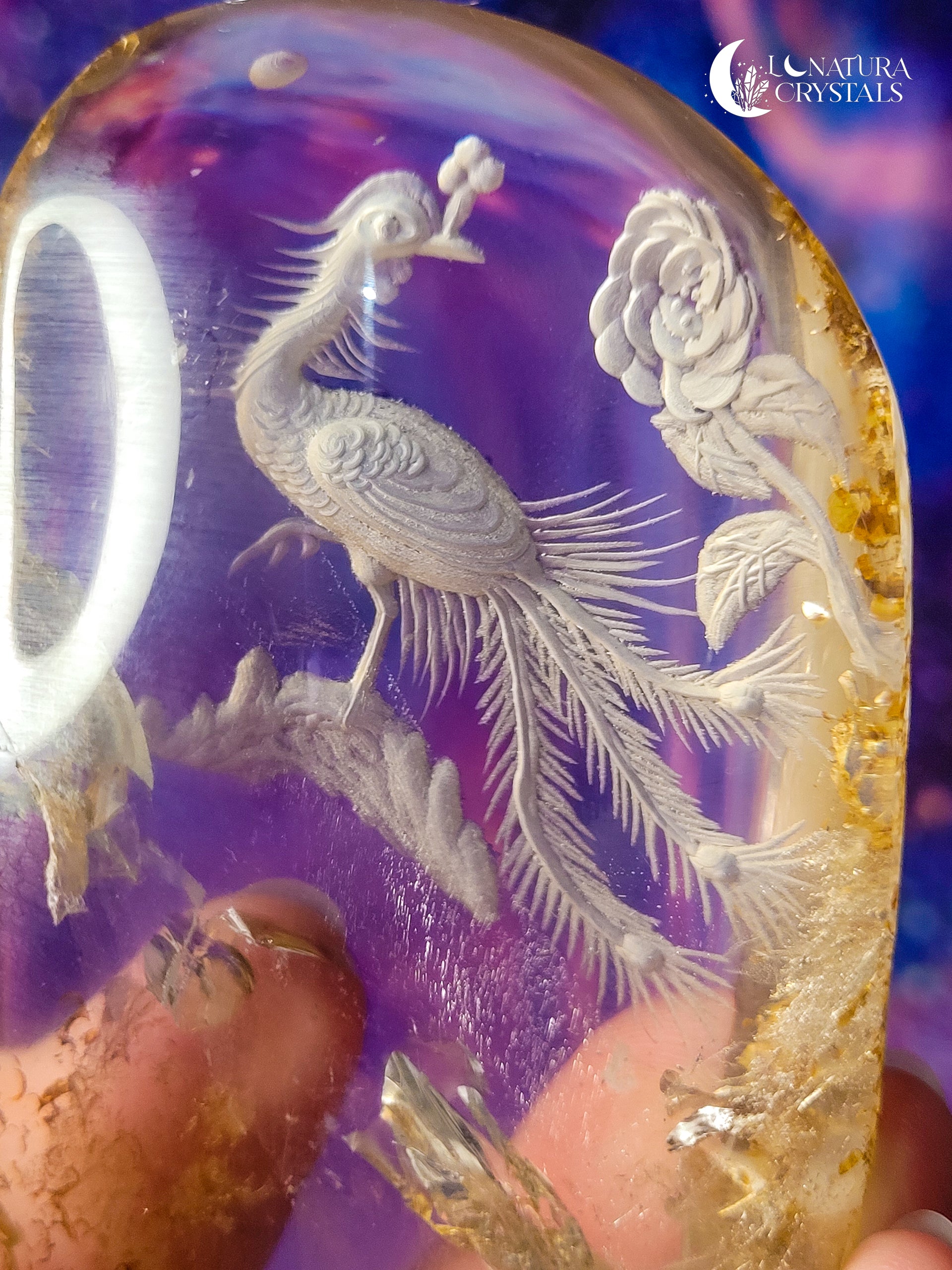 Clear Quartz Scenic Peacock Carving