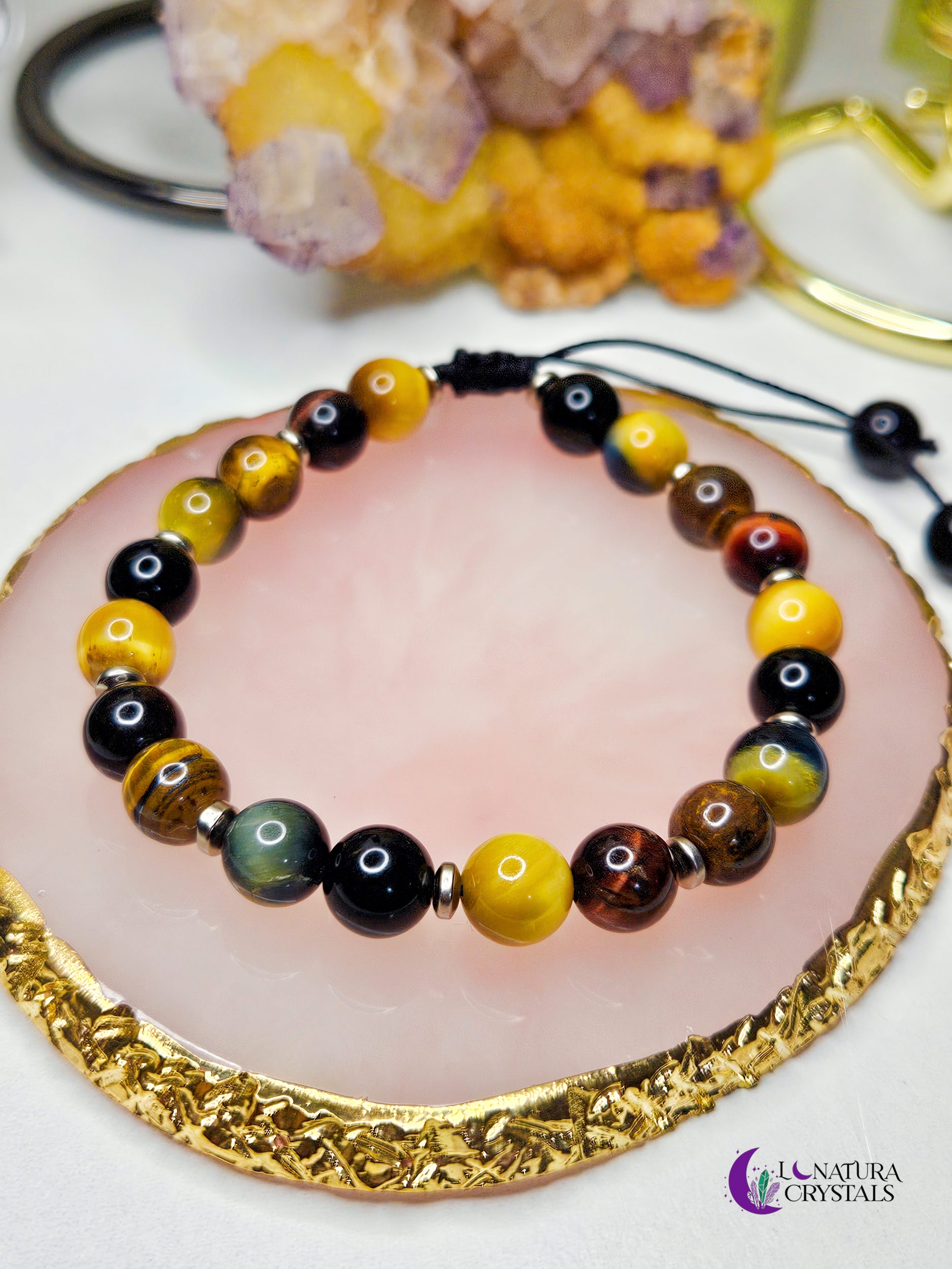 Tiger Eye + Obsidian | Adjustable Handmade Bracelet