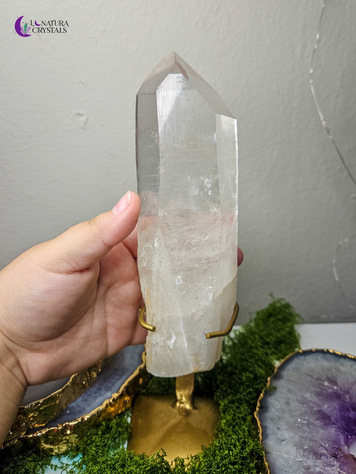 Large Lemurian Seed Quartz with Stand