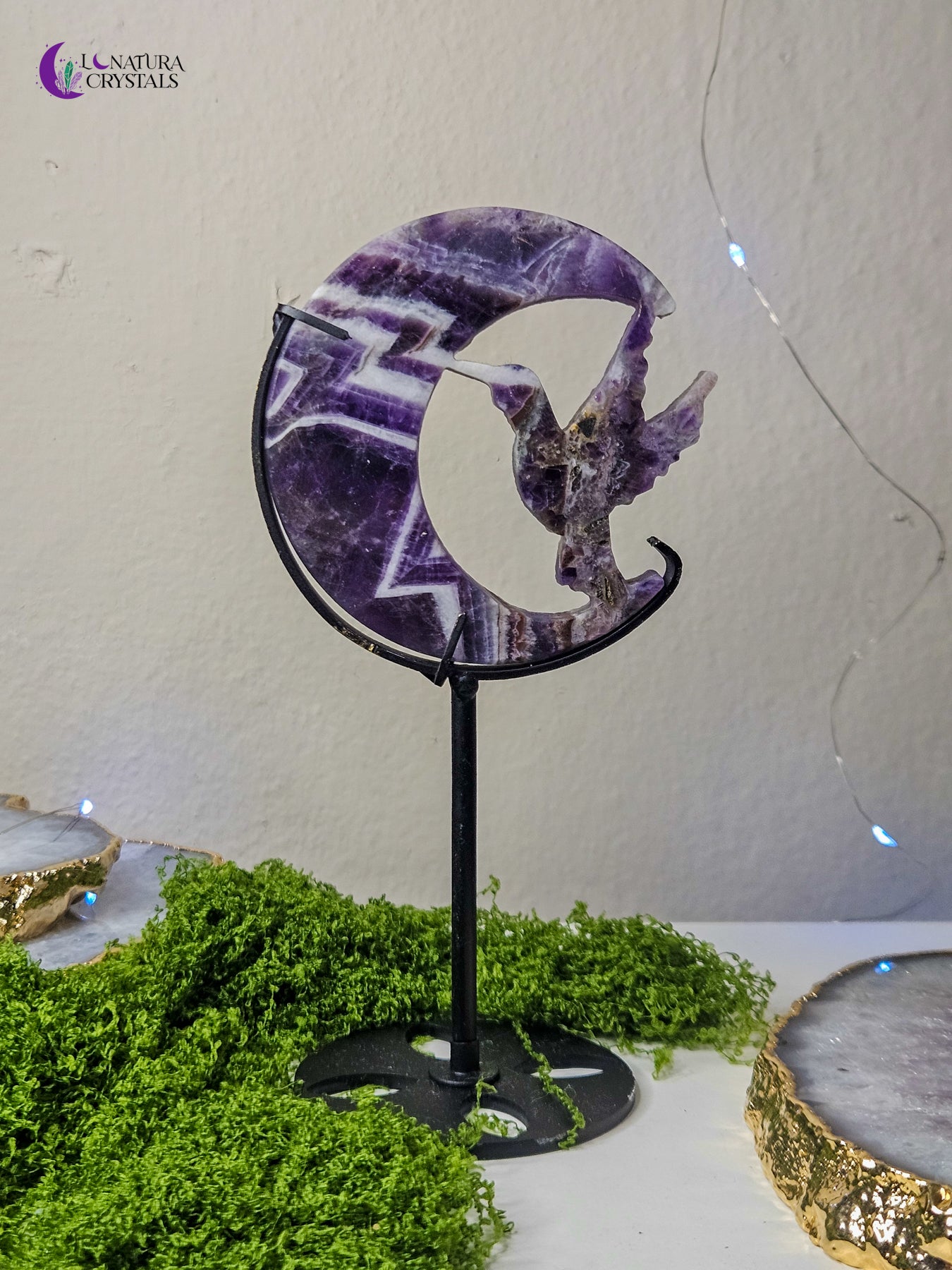 Amethyst Hummingbird in Moon with Stand