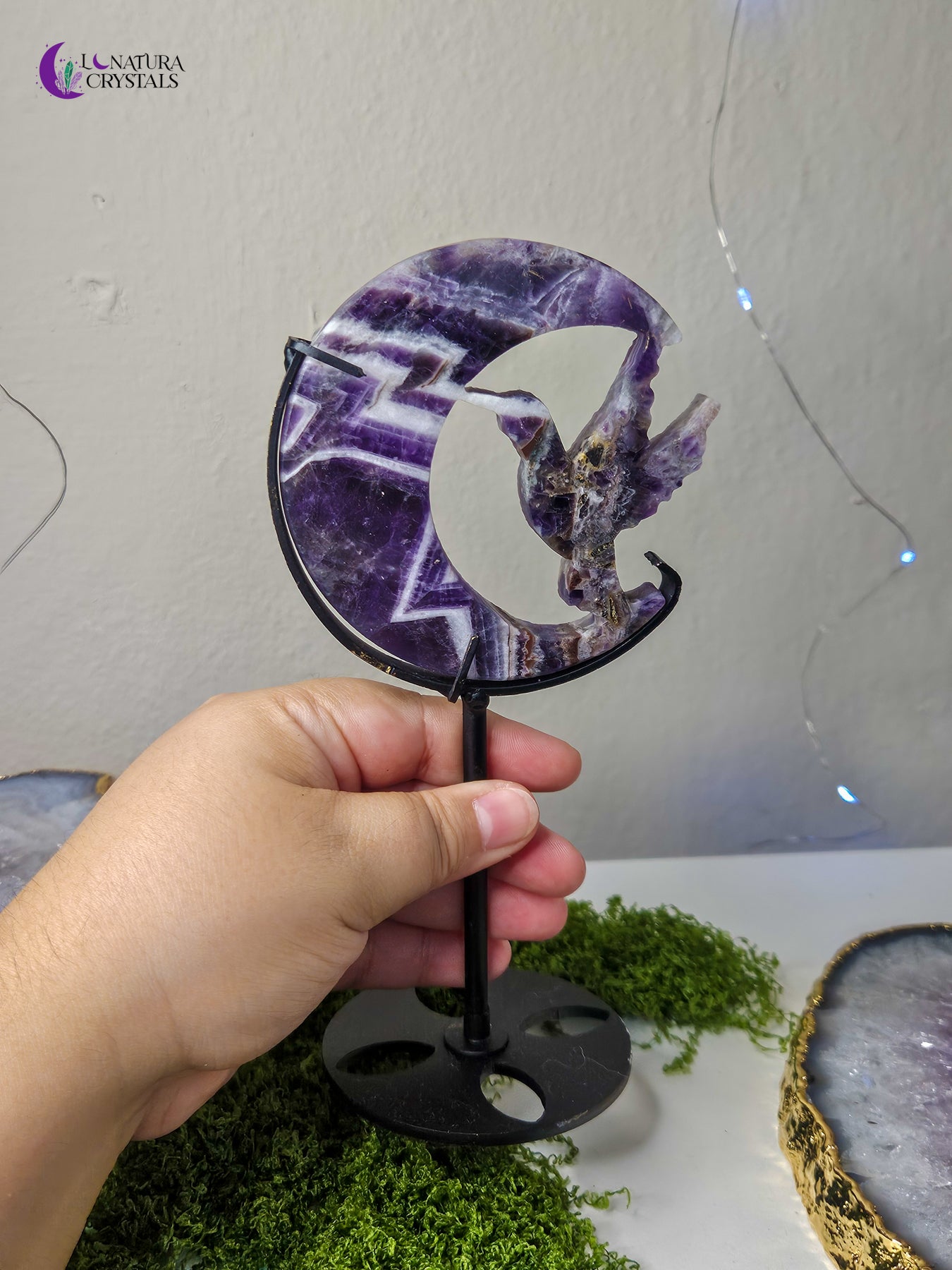 Amethyst Hummingbird in Moon with Stand