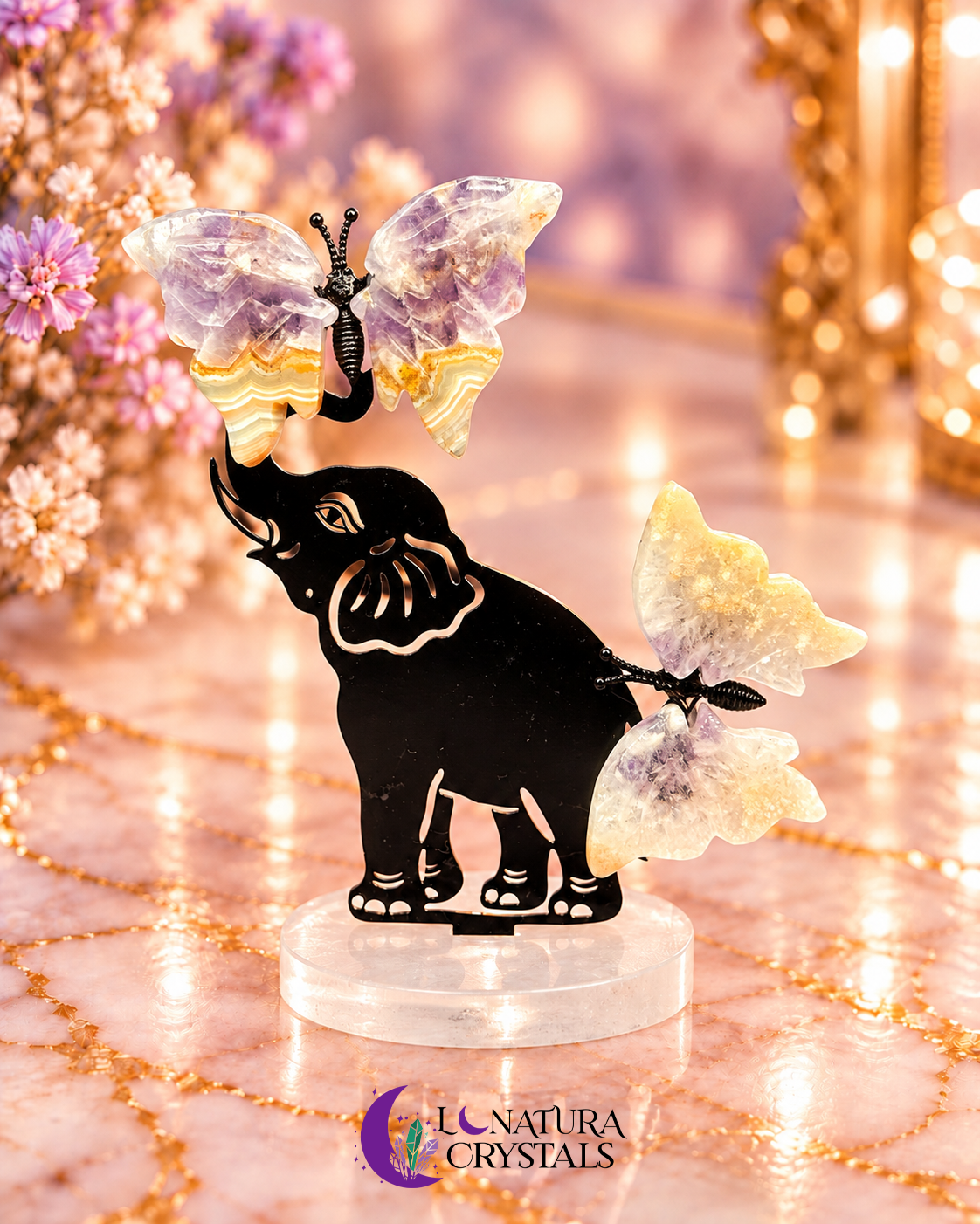Elefante con Mariposa Amatista Agata + Amatista Rosada
